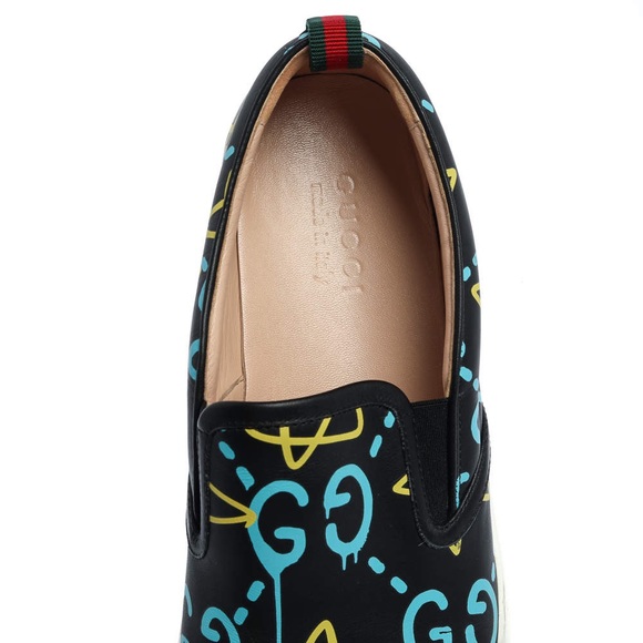 GUCCI Authentic Designer, Ghost Graffiti GG Logo Slip On Sneakers, Black (36) - Picture 2 of 12